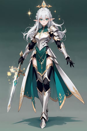 score_9, score_8_up, score_7_up, (CharacterSheet:1), elf female, silver hair, green eyes, wearing light golden paladin armor, dynamic pose, full body, wielding a radiant sword with light magic, reference sheet, (UHD), (digital art), (highly detailed), (simple solid background), CharacterDesignXL, cartoon, Eyes, Beautiful eyes
