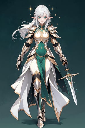 score_9, score_8_up, score_7_up, (CharacterSheet:1), elf female, silver hair, green eyes, wearing light golden paladin armor, dynamic pose, full body, wielding a radiant sword with light magic, reference sheet, (UHD), (digital art), (highly detailed), (simple solid background), CharacterDesignXL, cartoon, Eyes, Beautiful eyes
