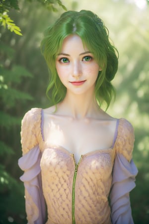 smile, mature woman, 27 years old, confident, looking at viewer, scenic forest view, Extremely Realistic, high resolution, masterpiece, purple highlights, green hair, bright green eyes, chest freckles, more chest freckles