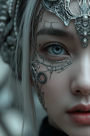 ( realistic, intricate details, close-up of a woman's face with an intricate design, realistic, necro, detailed patterned skin, abstract fragments, impressive eyes, mixed media, 3D rendering Silver painting, symmetrical beauty, ambient occlusion rendering, psytrance), Detailed Textures, high quality, high resolution, high Accuracy, realism, color correction, Proper lighting settings, harmonious composition, Behance works,ct-niji2,xxmix_girl,goth person,subu,mina