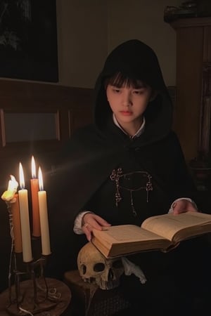 A young girl sits solo, cloaked in darkness, his hood up and a mysterious black cloak draped around him. He holds an open book, the yellowed pages illuminated by the soft glow of candles arranged on a nearby stand. The flickering flames dance across his pale face, casting eerie shadows as he intently reads the ancient tome. A skull rests on a nearby pedestal, its empty gaze seeming to watch over the young scholar's quiet devotion.