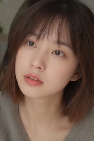 portrait of a young woman. she is looking up at the camera. her shoulder length brown hair frames her face. she is confident. natural beauty. beautiful green eyes with a little brown ring in her iris. catchlights in the eyes. full lips. The image has a neutral color tone with natural light setting. f/5.6 50mm, close-up, sharp focus, (Best Quality:1.4), (Ultra realistic, Ultra high res), Highly detailed, Professional Photography