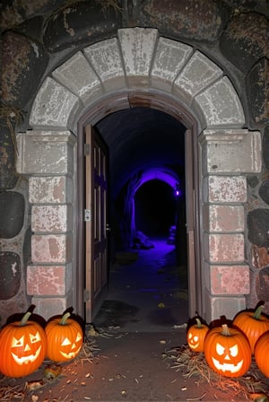 The entrance to the abandoned mine with carved pumpkins is a dark entrance to the mine, surrounded by carved pumpkins that glow with a cold purple light. Dim light breaks through from inside the mine, giving mystery