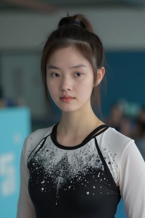 A girl in gymnastics uniform with a cold and cold expression