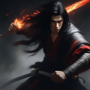 Dramatic shot of a boy with striking hairstyles: long black hair flows down his back like a dark waterfall, pierced by fiery red eyes that seem to burn with an inner fire. He gazes directly at the viewer, charming smile spread wide as he grasps the hilt of a gleaming white sword. Ponytail tied neatly behind his ear, he exudes confidence and anticipation. In the background, silhouettes of figures armed with weapons create a sense of action, energy and impending conflict. The air is electric with tension, as if the scene is poised to erupt into an epic battle or quest.