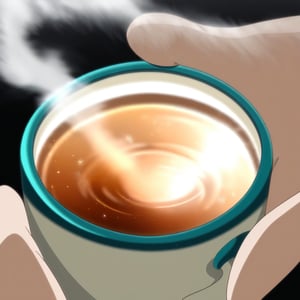 Close-up of the tea cup in the young man's hand, reflections of the starry sky in the tea, delicate steam rising, serene atmosphere, sunlight, anime style --ar 16:9 --seed 4212238580