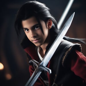 A dramatic shot of a boys  with striking hairstyles. The primary focus is on one boy, with long black hair and piercing red eyes, as he gazes directly at the viewer with a charming smile. His ponytail is neatly tied, and he holds a gleaming white-hilted sword in his hand, his grin suggesting a sense of excitement or triumph. In the background holding  weapon, creating a sense of action and energy. The overall mood is one of intensity and anticipation, as if the scene is about to unfold into an epic battle or quest.