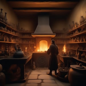 "An intense alchemical scene where young man is completely focused on a large, ancient furnace with flames roaring inside. The flickering firelight illuminates his concentrated expression, casting a warm, golden glow over his face. Next to him, a meticulously arranged selection of rare herbs and alchemical ingredients is laid out on a stone table. The room has an old-world feel, with shelves of ancient tools and arcane symbols carved into the walls. Smoke rises subtly from the furnace, blending with the mystic atmosphere of the alchemy chamber, symbolizing both power and precision."