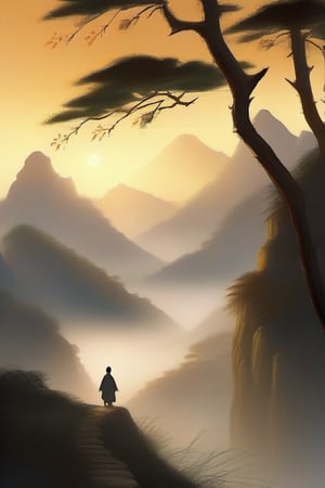 Sunrise's gentle warmth illuminates Li Yunyang's contemplative stance on the mist-shrouded mountain path, as spiritual energy whispers through the crisp air. Softly glowing with a warm, golden hue, the light casts long shadows across the serene landscape, where faint mountain ranges and forests subtly emerge in the background. The 16:9 frame captures the atmospheric serenity.