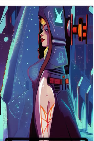 (by Loish, Leyendecker, James Gilleard), beautiful pinup girl, leaning back, cute face, anatomically_correct, (sexy and aesthetic), (cybernetic, cyborg:0.3), 1970s theme and color pallete, retro futuristic, space ship interior background, cyberpunk, txznmec,