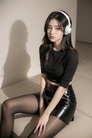 headphones, listening to music, lady, tight skirt, pantyhose, black hair, dark eyes, (masterpiece), (best quality), looking at viewer, bright skin, (shiny skin:1.2), peaceful face, top view, (natural wavy:0.8), layered style, black skirt,