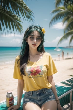 Animation, watercolor, full of sunshine and vitality, a Hatsune Miku with healthy brown skin, fluffy green long hair, red hibiscus decoration, sunglasses, yellow short-sleeved T-shirt [green Brazilian logo], pearls on the waist, denim shorts , holding a canned drink, grilling meat on the beach, seaside, palm leaves