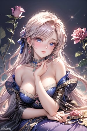 An exquisite woman wearing a colorful glass candy dress holds a sparkling rose. (Fantasy art). Aestheticism. Aestheticism. Fantasy. (Beautiful realistic anime woman). Real and beautiful eyes. Glossy and beautiful lips. .Beautiful anime portrait.Korean artist.(Beautiful anime art) HD.High resolution.