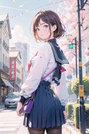 1girl, solo, looking at viewer, short hair, blue eyes, skirt, brown hair, shirt, black hair, long sleeves, closed mouth, school uniform, standing, purple eyes, pleated skirt, outdoors, sky, serafuku, looking back, sailor collar, bag, from behind, tree, neckerchief, building, scenery, long skirt, sign, road, power lines, street, utility pole, white neckerchief