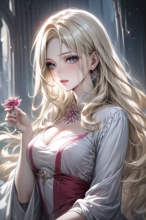 An exquisite woman wearing a colorful glass candy dress holds a sparkling rose. (Fantasy art). Aestheticism. Aestheticism. Fantasy. (Beautiful realistic anime woman). Real and beautiful eyes. Glossy and beautiful lips. .Beautiful anime portrait.Korean artist.(Beautiful anime art) HD.High resolution.