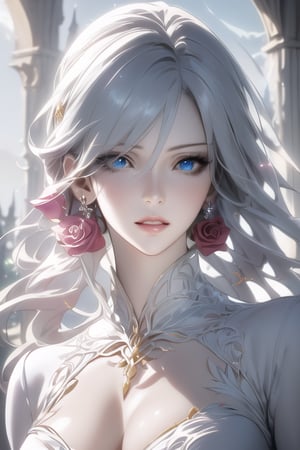 An exquisite woman wearing a colorful glass candy dress holds a sparkling rose. (Fantasy art). Aestheticism. Aestheticism. Fantasy. (Beautiful realistic anime woman). Real and beautiful eyes. Glossy and beautiful lips. .Beautiful anime portrait.Korean artist.(Beautiful anime art) HD.High resolution.