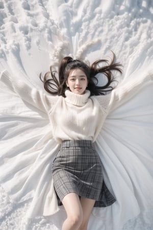 Movie stills, bird's-eye view from above, full-body photos, a beautiful 18-year-old Taiwanese girl with a smile, fair skin, high ponytail, thick long hair, colorful plaid skirt, ivory mohair sweater, and red high heels. Hourglass figure, bright and soft light, lying in the snow like a snow angel, arms spread out, feet straight, the mark of her body can be seen on the surrounding snow, snow and ice crystals floating in the air,