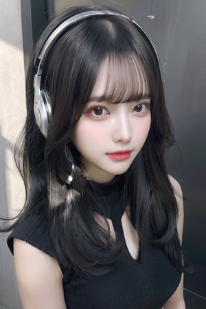 headphones, listening to music, lady, tight skirt, pantyhose, black hair, dark eyes, (masterpiece), (best quality), looking at viewer, bright skin, (shiny skin:1.2), peaceful face, top view, (natural wavy:0.8), layered style, black skirt,