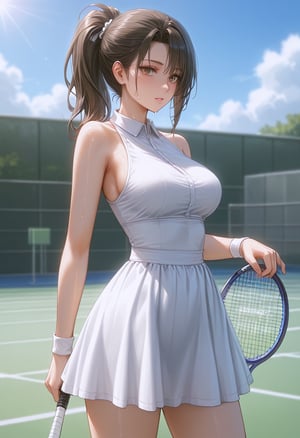 Anime of a graceful woman stands mid-motion on a pristine tennis court, her athletic figure poised as she swings her racket with precision. She wears a sleek, white tennis dress that flows with her movement, paired with matching sneakers that grip the ground effortlessly. Her hair, tied back in a neat ponytail, sways as she lunges forward, eyes locked on the ball. Sunlight glints off her sweat-slicked skin, highlighting her focused expression. In the background, the vibrant green of the court contrasts with the deep blue sky, creating an energetic yet serene atmosphere. (by makoto shinkai's art works:1.3), beauy_ks01,ek_an1_b00ster,ek_g1rl_02,ct-identityV2