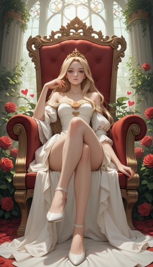 score_9, score_8_up, score_7_up, score_6_up, score_5_up, score_4_up,

1 girl, blonde hair, long hair, seducing viewer, hearts,posing, suggestive pose, sitting on throne, solo, hearts, white royal dress, off shoulder, roses, legs up, from below, air of superiority, crossed legs, golden tiara, flowers, plants