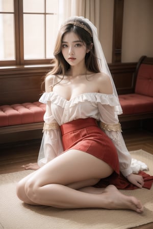 A beautiful 16-year-old Taiwanese girl, 170CM tall, D cup, long brown messy hair, super white skin, wearing a lace red veil on her head, wearing a red off-shoulder blouse and a short skirt, the skirt is only half thigh length , there is a golden phoenix embroidery pattern on the dress, and there are some gold jewelry on the wrist. She is sitting on the ground intoxicated with a cup of tea in her hands. The focus is on her long legs. The background is the wedding scene. The interior of the mansion is gorgeously decorated and arranged. The lively atmosphere, the whole body Photos, highly detailed, light and dreamlike. Hyper-realistic 3D high-definition watercolor ink style.