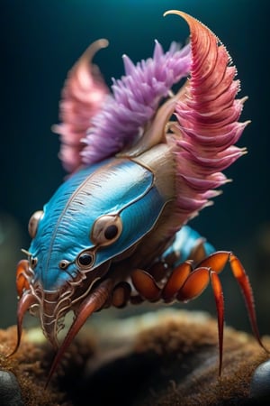 16k HD high definition detailed realistic, detailed, futuristic.1.4, ci-fi:1.5, anime:1.4, cartoon:1.2, right side view, right side camera view, (detailed, defined:1.5), (Cryptochiton stelleri mixed branchiopsilus dianthus and Idolomantis diabólica:1.7), hibrid.1.6, full body, anthropomorphous, alien.1.5, humanoid, human, ufo, monster, troll, mole, carnibor, devil, genetic mutation, advanced biotechnology, experiment, blue in color with details in white and black, (almond-shaped eyes, without eyelids, without irises. long mouth, showing its sharp teeth. no distinctive ears. two long U-shaped horns, with spiral relief. long forked tongue. spines throughout its anatomy, shell. two long upper limbs, slender, muscular features, similar in mobility to those of a human. four short, thin lower limbs, muscular features, similar in mobility to those of an arachnid. long thin fingers, long sharp claws. symmetrical body, moderately strong, scars from old fights). Choose a background that complements your character, creating a cinematic masterpiece with high realism and top-notch image quality.,monster