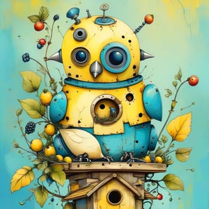 a whimsical art design, ((close-up image of 1 beautiful robot bird with robotic parts eat berries while sitting in a birdhouse)), (clean yellow and blue main colors), cozy garden background, creative illustration, conceptual art, dadaism