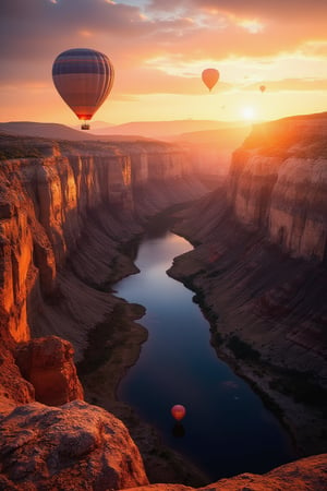 Masterpiece, professional, award-winning, intricate details, ultra high detailed, 64k, dramatic light, volumetric light, A photorealistic, breathtaking canyon landscape at sunrise, with steep cliffs glowing in warm hues, a meandering river below, and hot air balloons drifting in the sky:2, forcus on hot air balloon, canyon grandeur, sunrise splendor, aerial adventure, rugged beauty, desert dreams.,ek_art_b00ster,anime,illustrated,FluxBoost