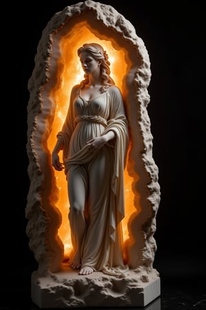 Beauty, realism, cinematography, chiaroscuro, rays of light, play of shadow and light, cinematic quality, Cinematic style, 
A dramatic marble sculpture of a woman, intricately embedded within a mineral agate geode, illuminated by soft, golden backlighting. The opulence and grandeur of the Baroque era are emphasized as the light highlights the rich textures of the agate and the flowing forms of the marble, creating a captivating sense of depth and emotion, black background

