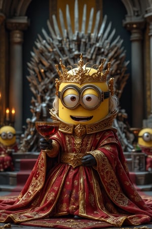 Masterpiece, (8K High Resolution), (Ultra High Resolution 3840 x 2160). A cheeky minion dressed as Cersei Lannister from Game of Thrones, wearing an intricately designed regal gown of crimson and gold, adorned with Lannister sigils. The minion’s yellow form is humorously offset by Cersei's signature elegant demeanor, complete with a delicate golden crown resting on its head. In one hand, the minion holds a goblet of wine, echoing Cersei's infamous calm yet commanding presence. The backdrop features the grand halls of the Red Keep, with towering pillars and a glimpse of the Iron Throne behind. The overall composition captures a fun, yet regal, blend of the minion's playful character with Cersei's fierce and powerful aura.
