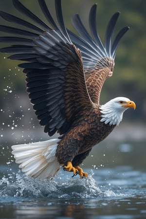 Close-up, 8K, RTX, official art of a Bald eagle flying in the air, spreading its big wings and diving towards a lake below. In an instant, its claws catch a leaping salmon, creating many splashes. The eagle holds on tightly, illuminated by light and shadow, fully expressing the beauty of strength. The scene captures the beauty of a miracle, with super high-quality cinematography, creating a masterpiece beyond reality.