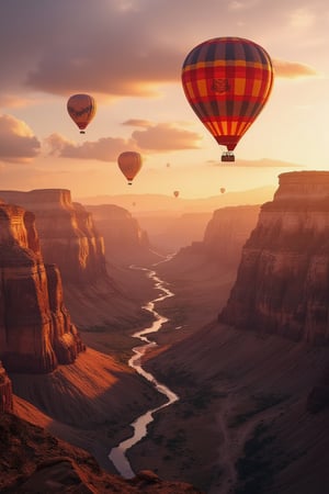 Masterpiece, professional, award-winning, intricate details, ultra high detailed, 64k, dramatic light, volumetric light, A photorealistic, breathtaking canyon landscape at sunrise, with steep cliffs glowing in warm hues, a meandering river below, and hot air balloons drifting in the sky:2, forcus on hot air balloon, canyon grandeur, sunrise splendor, aerial adventure, rugged beauty, desert dreams.,ek_art_b00ster,anime,illustrated,FluxBoost