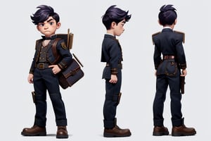 young boy, chibi, steampunk, good hands, full body, looking to the camera, good lighting, dynamic poses, school shoes, full_body, character sheet with 3 views (front-side-back),character sheet with 3 views (front-side-back), colorful