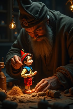 Cinematic style, realism, cinematic quality, 
Pinocchio, cinematic action movie,  Carlo Collodi fairy tale character, carpenter Geppetto carving a Pinocchio doll from a log, professional cinematic lighting,mj, RTX, 8k, HDR, best quality, movie plot, (masterpiece),Anna Razumovskaya, Gabriele Dell'otto, Karl Eugen Kiel, Karl Lundgren, Nikas Safronov, realistic art, digital illustration, portrait, alcohol ink drawing, watercolor, oil paints, digital art,