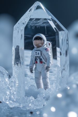 An extremely detailed and hyper realistic Macro view of an ice crystal, revealing a astronaut hidden inside its structures,Frozen in time