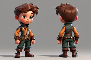 Beauty, 3D render, play of shadow and light. Cute cartoon boy , Disney style, steampunk, character sheet, front view, half-side view, half-back view
