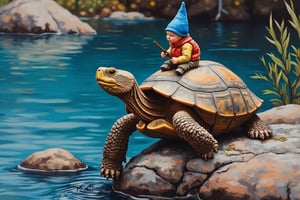 A close-up acrylic gouache painting of a tortoise perched on a rock at the edge of a river. A little gnome on tortoise. The scene is depicted in vibrant, textured brushstrokes, with soft, diffused lighting that highlights the tortoise's intricate shell and the ripples of the water. The tortoise is framed tightly, its head slightly raised, capturing a moment of stillness. The composition is focused, with the rock and water gently blurred, drawing all attention to the tortoise's detailed features and the rich, textured surface of the painting.