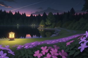 detailed background,( Calm spring night landscape), amongst lush greenery, beautiful view, creeping phlox in full bloom, creeping phlox, early morning, sunrise sky, beautiful clouds, dappled sunlight, outdoor seating, one lamp, Tranquil Lake, Boat on a Lake, depth of field, masterpiece, best quality, ultra-detailed, very aesthetic, illustration, perfect composition, intricate details, absurdres, moody lighting, wisps of light, no humans,