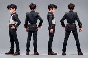 young boy, chibi, steampunk, good hands, full body, looking to the camera, good lighting, dynamic poses, school shoes, full_body, character sheet with 3 views (front-side-back),character sheet with 3 views (front-side-back),arcane style