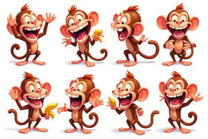 A vibrant caricature of a monkey with a wide smile revealing exaggeratedly teeth, holding a banana in his hand. The scene with bold, exaggerated features and playful, cartoonish style. pose lively and expressive.  sheet. multiple views. expressive poses