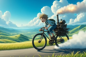 A boy joy ride a bicycle equipped with a steam-engine at the back of bicycle speeding on the road surrounded by hills and vast meadows, low ground angle view,Anime Ghibli Style
