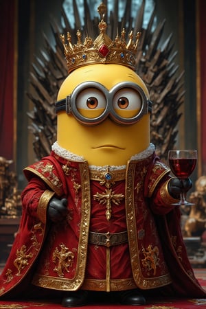 Masterpiece, (8K High Resolution), (Ultra High Resolution 3840 x 2160). A cheeky minion dressed as Cersei Lannister from Game of Thrones, wearing an intricately designed regal gown of crimson and gold, adorned with Lannister sigils. The minion’s yellow form is humorously offset by Cersei's signature elegant demeanor, complete with a delicate golden crown resting on its head. In one hand, the minion holds a goblet of wine, echoing Cersei's infamous calm yet commanding presence. The backdrop features the grand halls of the Red Keep, with towering pillars and a glimpse of the Iron Throne behind. The overall composition captures a fun, yet regal, blend of the minion's playful character with Cersei's fierce and powerful aura.
