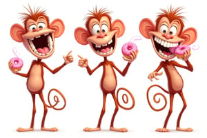 A vibrant caricature of a monkey with a wide smile revealing exaggeratedly teeth, holding a pink donut in his hand. The scene with bold, exaggerated features and playful, cartoonish style. pose lively and expressive.  sheet. multiple views. expressive poses