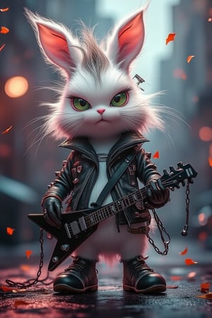 A stylish rabbit with spiked hair and wearing a leather jacket adorned with studs and musical notes. Standing on a neon-lit stage with a guitar slung across its back, the rabbit strikes a power pose as confetti fills the air.