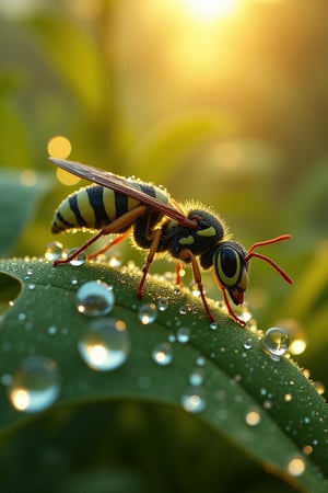 realistic detailed image, (wasp:1.3), lilligent, [solar shimmer on dewdrops], epic, cinematic photography with sharp focus, 16k hdr, volumetric lighting, depth of field, hyperrealism of fog and haze, vibrant colors and textures, unique examples of nature , as the artist showed, very stunning landscapes