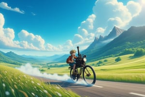 A boy joy ride a bicycle equipped with a steam-engine at the back of bicycle speeding on the road surrounded by hills and vast meadows, low ground angle view,Anime Ghibli Style
