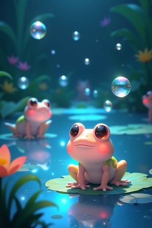 (((masterpiece))) , (((best quality))) , anime style, 2d, serene pond where tiny bubble frogs—small, round frogs with translucent, pastel-colored skin that glows faintly—are blowing bubbles that float in the air. The camera captures a close-up of one bubble frog sitting on a lily pad, playfully catching its own bubbles with a happy croak. The bubbles reflect the moonlight, casting soft, rainbow hues across the pond, and other bubble frogs join in, creating a playful and magical scene