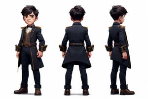 young boy, chibi, steampunk, good hands, full body, looking to the camera, good lighting, dynamic poses, school shoes, full_body, character sheet with 3 views (front-side-back),character sheet with 3 views (front-side-back),arcane style