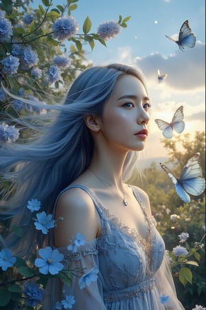 luminism, golden lines, porcelain skin, baroque, long swirling blue hair, lavish ligh blue leaves, falling blue flowers, celestial lighting, butterflies, behind foliage and tree branches, sky, golden glowing, water drops, best quality, masterpiece, high res, absurd res, perfect lighting, vibrant colors, intricate details, high detailed skin, pale skin,