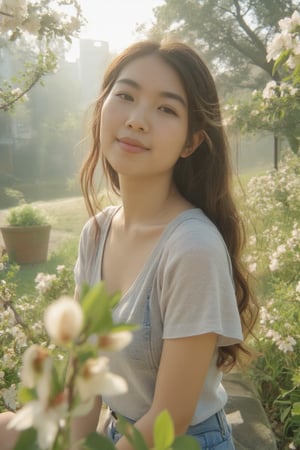 A serene and idyllic scene unfolds as a lovely asian girl sits poised on flower garden, surrounded by pear blossoms. The camera captures her gentle smile and playful pose, with the pear blossoms framing her features. Soft, warm sunlight filters through the misty air, casting a soft glow over the tranquil setting.